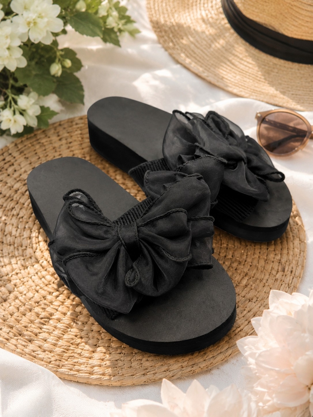 NWOT Black Bow Wedge Slide Sandals Sz 7 Platform Summer Chic